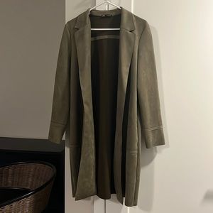 Zara Long Faux Suede Olive Green Jacket Size Small